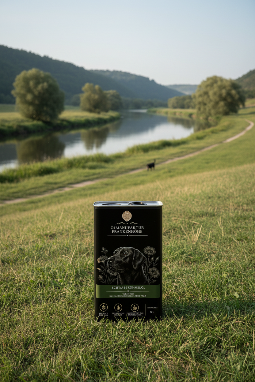 5-Liter-Schwarzkümmelöl vor einem Fluss