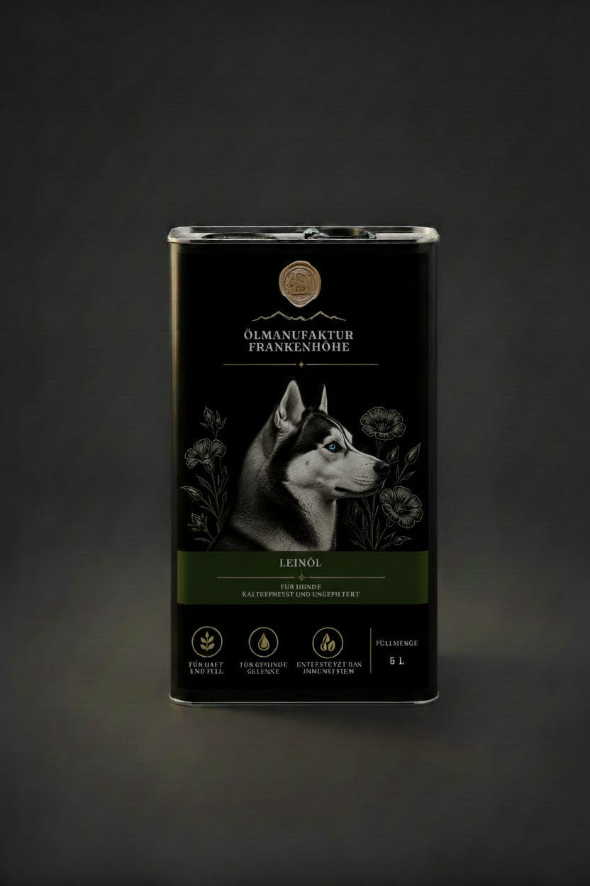Leinöl-Hundekanister mit originalgetreuem Etikett