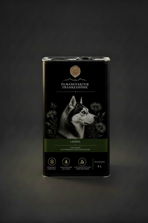 Leinöl-Hundekanister mit originalgetreuem Etikett